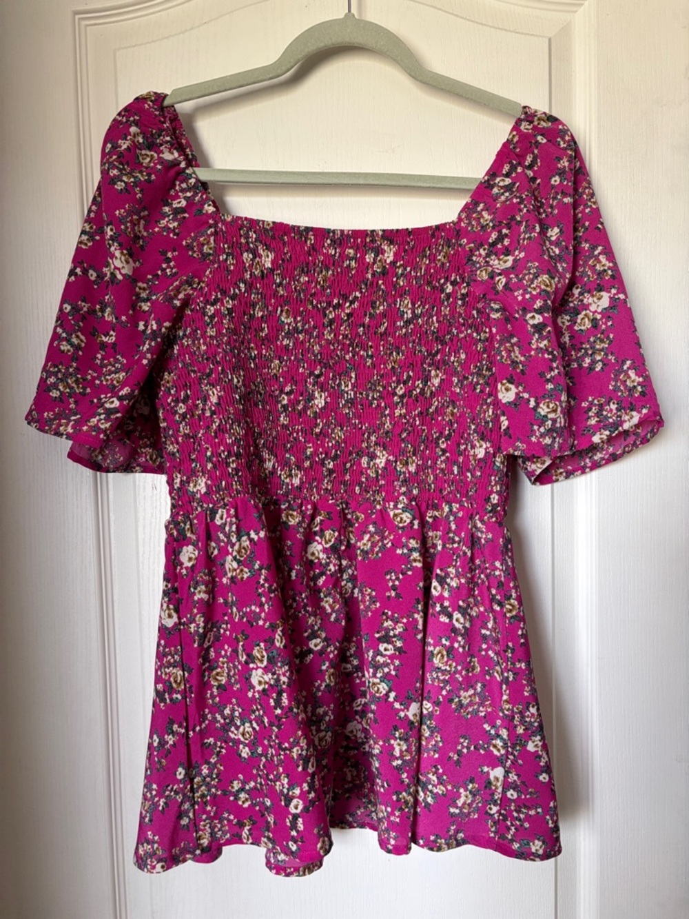 SHEIN Fuchsia Pink Floral Smocked Square-Neck Tunic